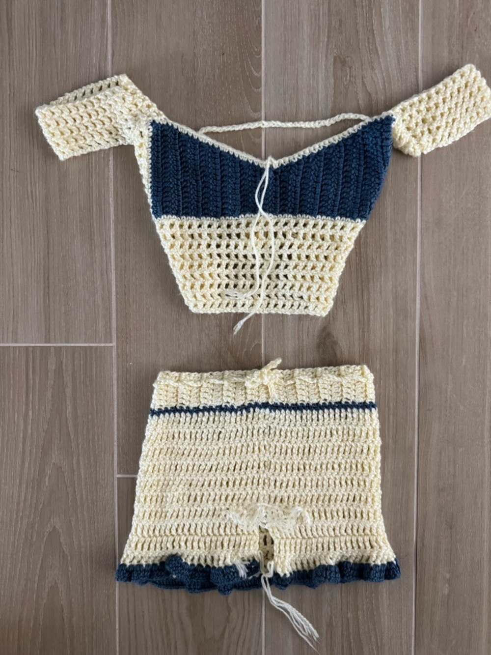 Handmade Cream & Navy Crochet  Set - Knit Summer Bottoms